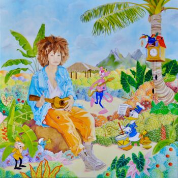 Painting titled "Récital au ukulele" by Martine Alison, Original Artwork, Oil Mounted on Wood Stretcher frame