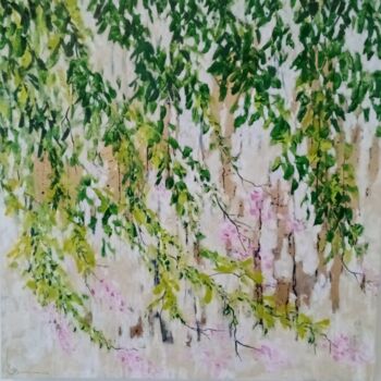 Painting titled "Glycine dans le vent" by Martine Bardiaux, Original Artwork, Oil Mounted on Wood Stretcher frame