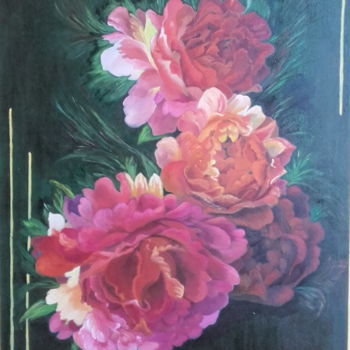 Painting titled "Roses Anciennes" by Martine Bonnerave, Original Artwork, Oil