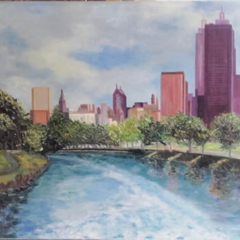 Painting titled "Yarra River in Melb…" by Martine Bonnerave, Original Artwork, Oil Mounted on Wood Stretcher frame