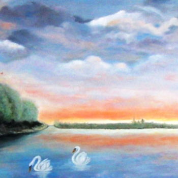 Painting titled "Le Lac des Cygnes" by Martine Bonnerave, Original Artwork, Oil