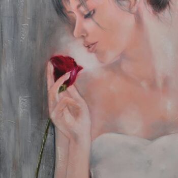 Painting titled "La rose rouge" by Martine Gregoire, Original Artwork, Oil Mounted on Wood Stretcher frame