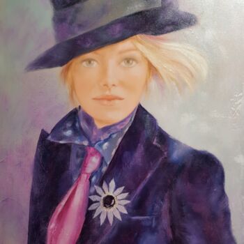 Painting titled "Chapeau et cravate" by Martine Gregoire, Original Artwork, Oil Mounted on Wood Stretcher frame