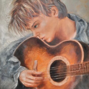 Painting titled "Le guitariste" by Martine Gregoire, Original Artwork, Oil Mounted on Wood Stretcher frame