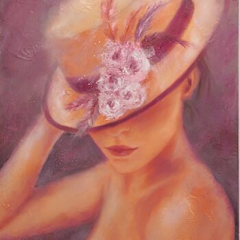 Peinture intitulée "Fleurs et chapeau" par Martine Gregoire, Œuvre d'art originale, Huile Monté sur Châssis en bois