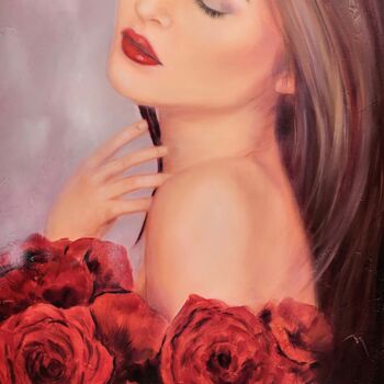 Картина под названием "Les roses rouges" - Martine Gregoire, Подлинное произведение искусства, Масло Установлен на Деревянна…