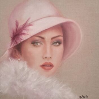 Painting titled "Le Chapeau rose" by Martine Gregoire, Original Artwork, Oil Mounted on Wood Stretcher frame