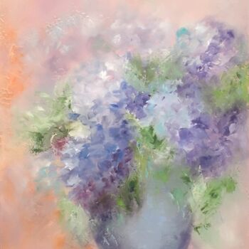 Картина под названием "Bouquet d’hortensia…" - Martine Gregoire, Подлинное произведение искусства, Масло Установлен на Дерев…