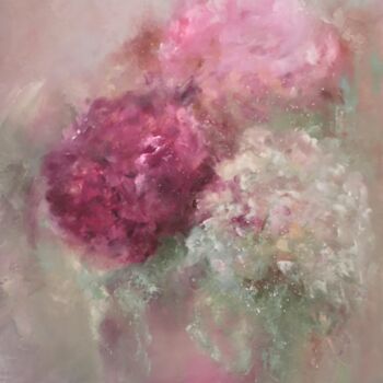 Painting titled "Douceur d'hortensias" by Martine Gregoire, Original Artwork, Oil Mounted on Wood Stretcher frame