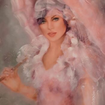 Painting titled "L'ombrelle rose" by Martine Gregoire, Original Artwork, Oil Mounted on Wood Stretcher frame
