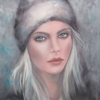 Painting titled "Élégante en hiver" by Martine Gregoire, Original Artwork, Oil Mounted on Wood Stretcher frame