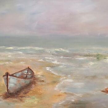 Painting titled "La barque verte" by Martine Gregoire, Original Artwork, Oil Mounted on Wood Stretcher frame