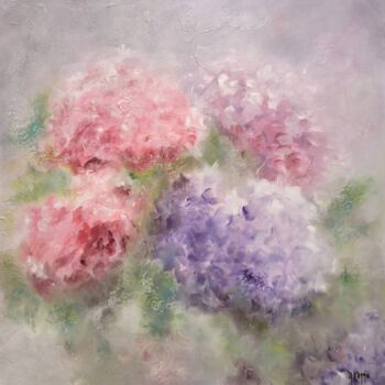 Painting titled "NUAGES D'HORTENSIAS" by Martine Gregoire, Original Artwork, Oil Mounted on Wood Stretcher frame