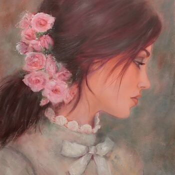 Painting titled "Quelques roses" by Martine Gregoire, Original Artwork, Oil Mounted on Wood Stretcher frame