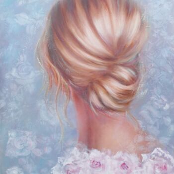 Картина под названием "Chignon et roses" - Martine Gregoire, Подлинное произведение искусства, Масло Установлен на Деревянна…