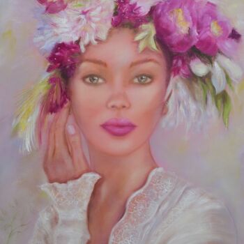 Pintura titulada "Élégante en fleurs…" por Martine Gregoire, Obra de arte original, Oleo Montado en Bastidor de camilla de m…