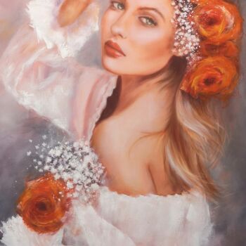 Painting titled "Élégante aux roses…" by Martine Gregoire, Original Artwork, Oil Mounted on Wood Stretcher frame