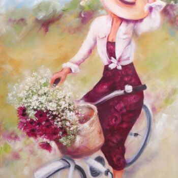 Pintura intitulada "Élégante à bicyclet…" por Martine Gregoire, Obras de arte originais, Óleo Montado em Armação em madeira