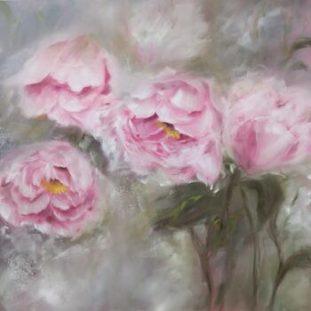 Ζωγραφική με τίτλο "Pivoines roses" από Martine Gregoire, Αυθεντικά έργα τέχνης, Λάδι Τοποθετήθηκε στο Ξύλινο φορείο σκελετό