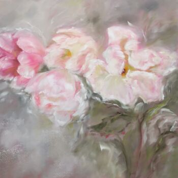 Painting titled "Envolée de pivoines" by Martine Gregoire, Original Artwork, Oil Mounted on Wood Stretcher frame