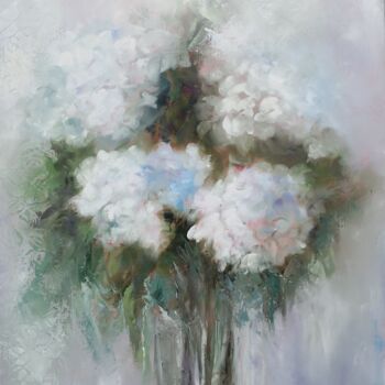 Картина под названием "Hortensias bleus et…" - Martine Gregoire, Подлинное произведение искусства, Масло Установлен на Дерев…