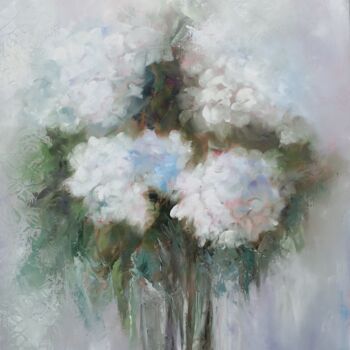 Painting titled "Hortensias bleus et…" by Martine Gregoire, Original Artwork, Oil Mounted on Wood Stretcher frame