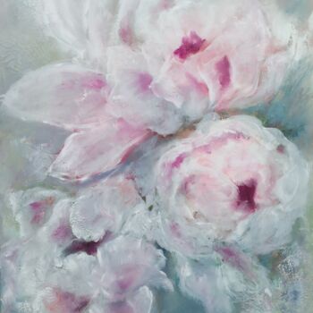 Painting titled "Pivoines blanches" by Martine Gregoire, Original Artwork, Oil Mounted on Wood Stretcher frame