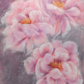 Painting titled "Douces pivoines" by Martine Gregoire, Original Artwork, Oil Mounted on Wood Stretcher frame