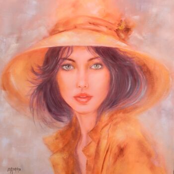 Painting titled "Mon joli chapeau" by Martine Gregoire, Original Artwork, Oil Mounted on Wood Stretcher frame