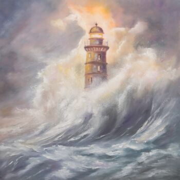 Pintura titulada "Tempête sur le phare" por Martine Gregoire, Obra de arte original, Oleo Montado en Bastidor de camilla de…