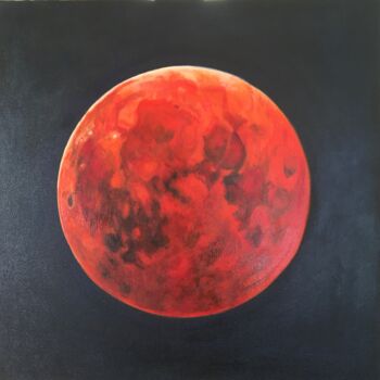 Painting titled "Lune Rouge" by Martine Lainé, Original Artwork, Oil Mounted on Wood Stretcher frame