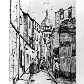 Impressões e gravuras intitulada "Rue St Rustique Noi…" por Martine Mabilleau, Obras de arte originais, Água forte
