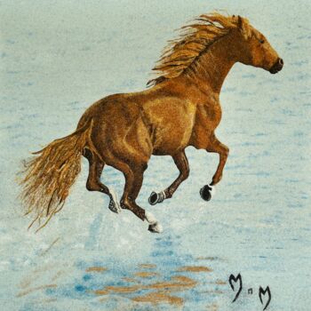Painting titled "Au galop" by Martine Martre, Original Artwork, Sand Mounted on Other rigid panel