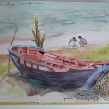 Peinture intitulée "Barque sur la plage…" par Martine Palhol, Œuvre d'art originale, Huile