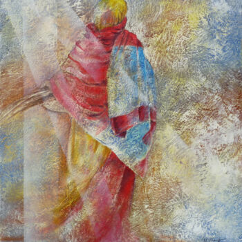 제목이 "Le châle rouge et b…"인 미술작품 Martine Petiot로, 원작, 기름 나무 들것 프레임에 장착됨