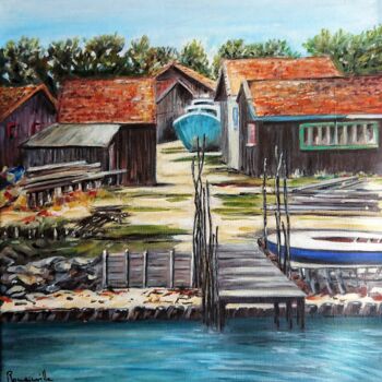 Painting titled "Village pêcheur" by Martine Romainville, Original Artwork, Acrylic Mounted on Wood Stretcher frame