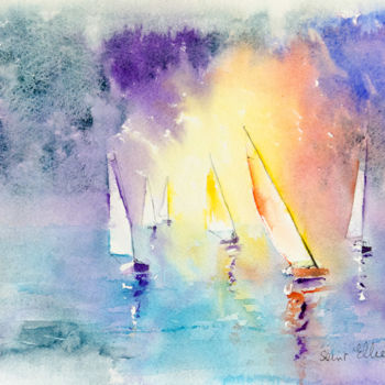 Painting titled "Voiliers" by Martine Saint Ellier, Original Artwork, Watercolor