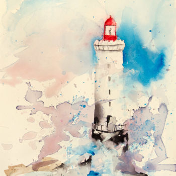 Painting titled "Phare" by Martine Saint Ellier, Original Artwork, Watercolor