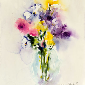 Pintura intitulada "bouquet violet" por Martine Saint Ellier, Obras de arte originais, Aquarela