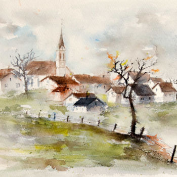 Schilderij getiteld "village d'automne" door Martine Saint Ellier, Origineel Kunstwerk, Aquarel