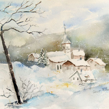 Painting titled "Village sous la nei…" by Martine Saint Ellier, Original Artwork, Watercolor