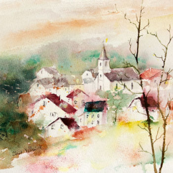 Peinture intitulée "Village aux toits r…" par Martine Saint Ellier, Œuvre d'art originale, Aquarelle