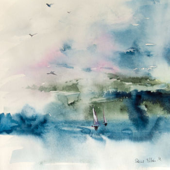 Painting titled "voiliers et nuages" by Martine Saint Ellier, Original Artwork, Watercolor