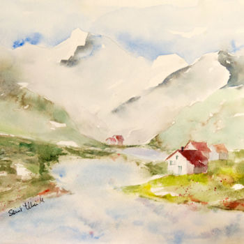 Peinture intitulée "Lac et chalets de m…" par Martine Saint Ellier, Œuvre d'art originale, Aquarelle