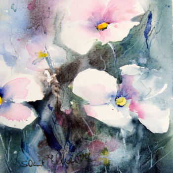 Pittura intitolato "Rose et blanc" da Martine Saint Ellier, Opera d'arte originale, Acquarello