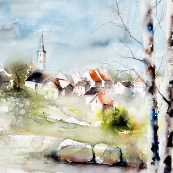 Painting titled "Village II" by Martine Saint Ellier, Original Artwork, Watercolor