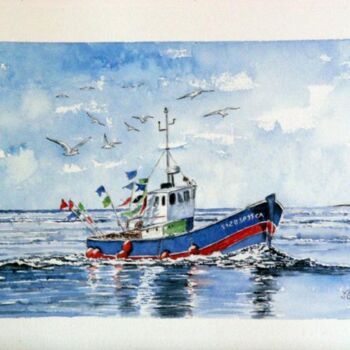 Painting titled "Bateau de pêche au…" by Martine Salmon, Original Artwork