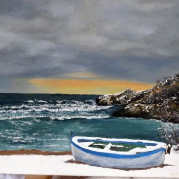 Peinture intitulée "Barque sous la neige" par Martine Trigory, Œuvre d'art originale, Huile