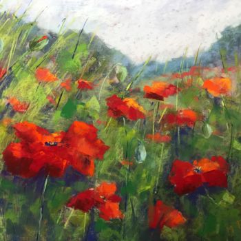 Peinture intitulée "Poppies in the Vall…" par Martine Tulet, Œuvre d'art originale, Pastel