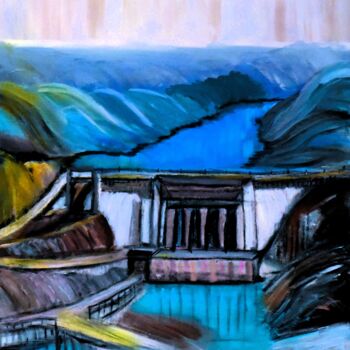 Painting titled "Idyllic Mountain Dam" by Martine Weber, Original Artwork, Acrylic